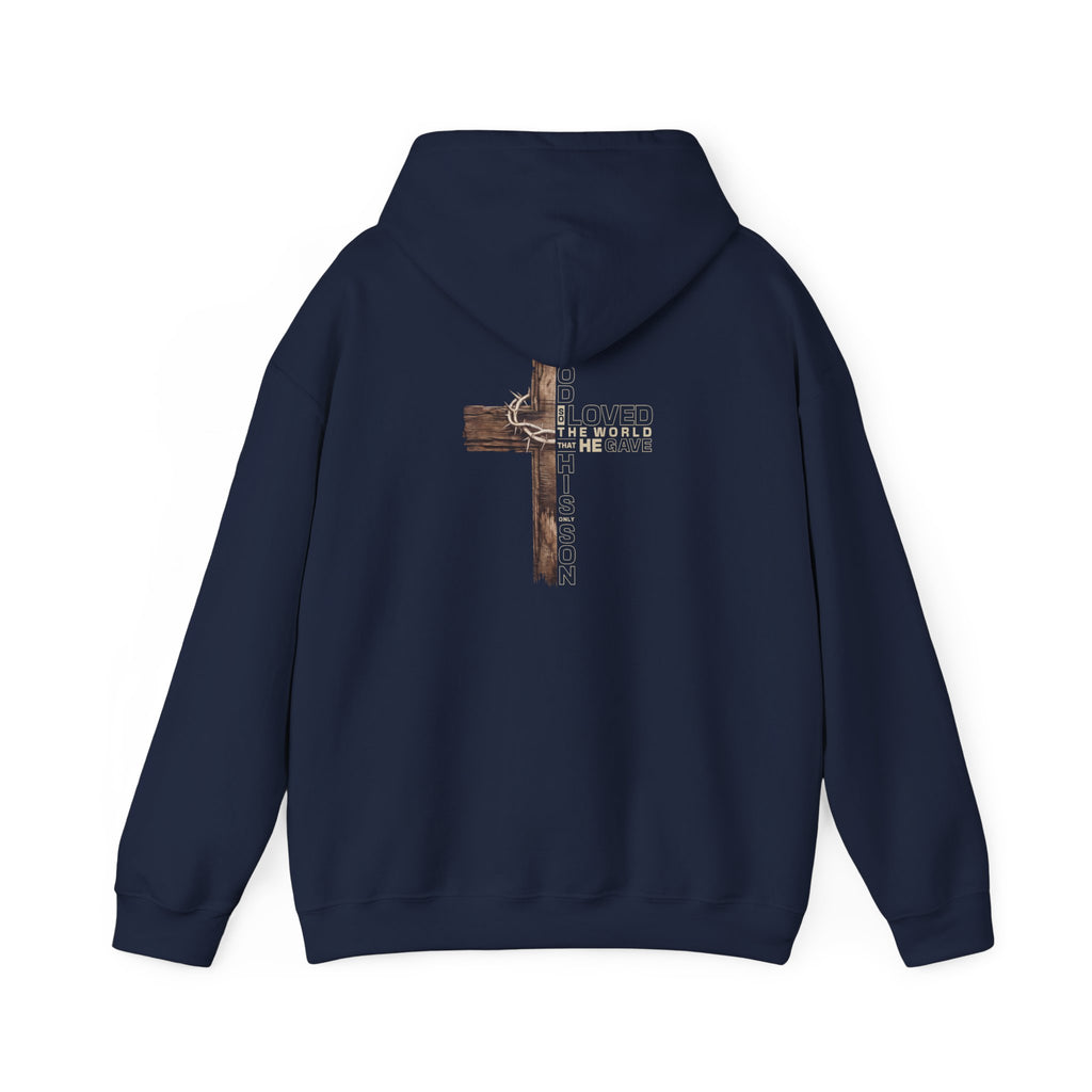 Christian Cross Hoodie — John 3:16 Rustic Wooden Cross Pullover