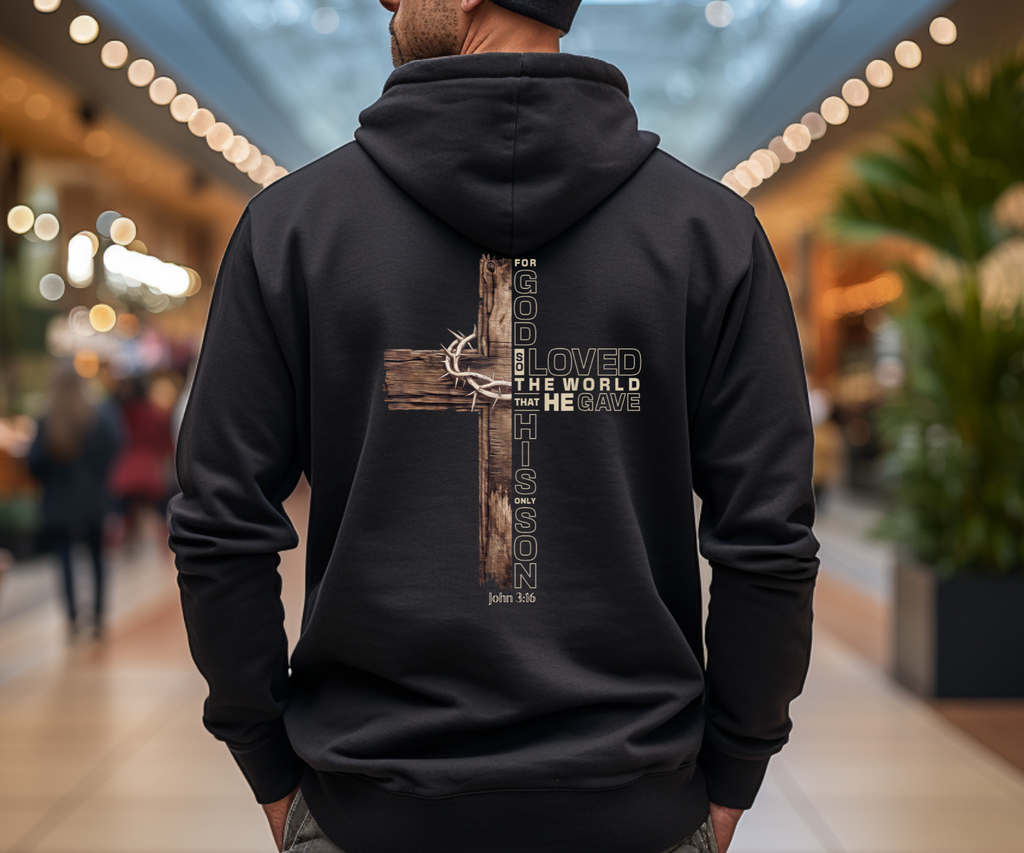 Christian Cross Hoodie — John 3:16 Rustic Wooden Cross Pullover