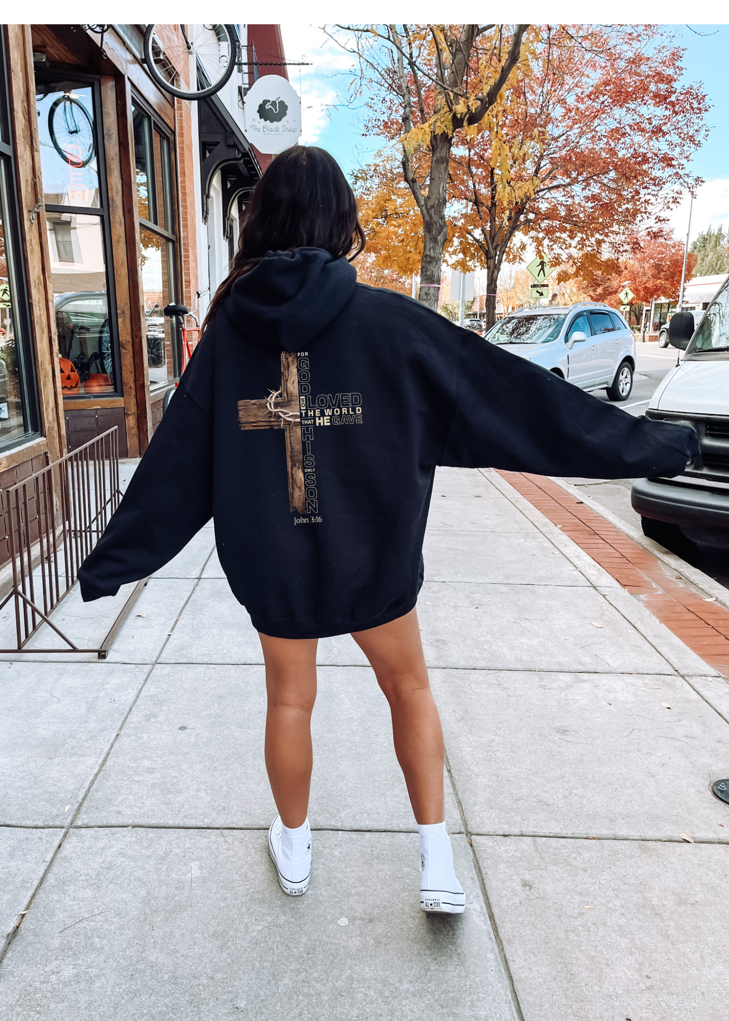 Christian Cross Hoodie — John 3:16 Rustic Wooden Cross Pullover