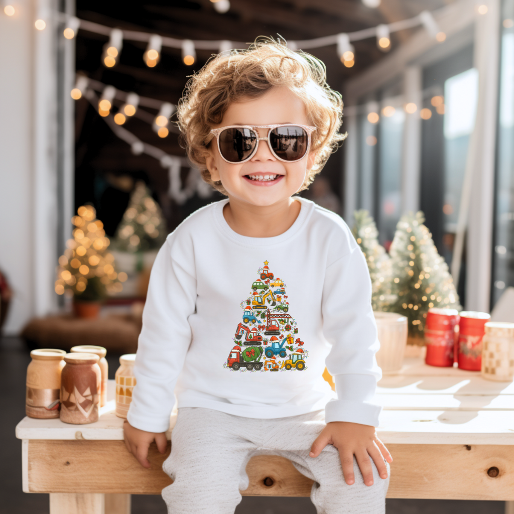 Kids Christmas Construction Vehicle Sweatshirt – Holiday Truck & Digger Tree Design