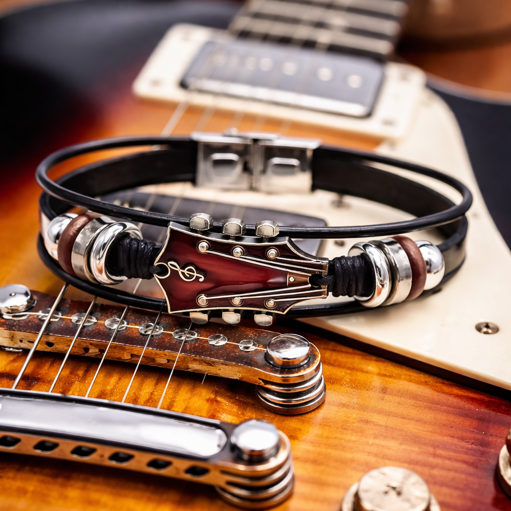 Guitar Headstock Leather Bracelet for Men,  Music Lover Jewelry, Adjustable Magnetic Clasp