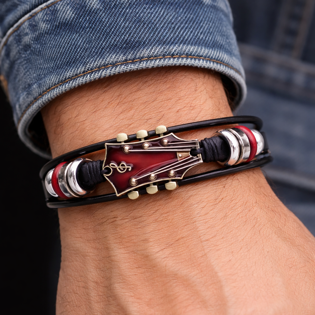 Guitar Headstock Leather Bracelet for Men,  Music Lover Jewelry, Adjustable Magnetic Clasp
