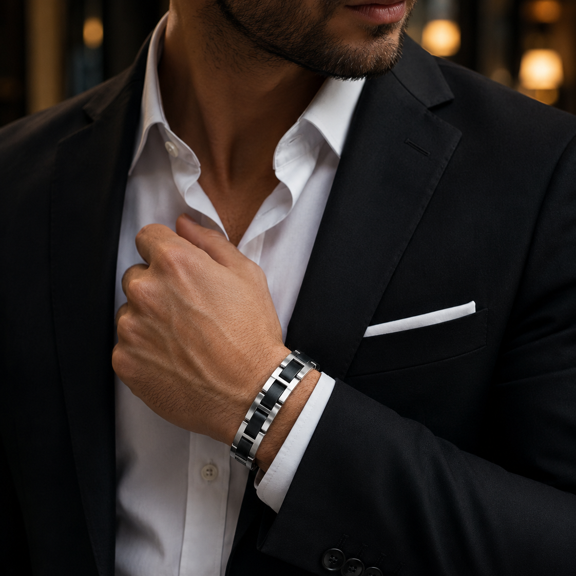 Men’s Magnetic Bracelet, Black Titanium Stainless Steel Bracelet, Natural Magnetic Link Bracelet for Men,  Modern Minimalist Jewelry