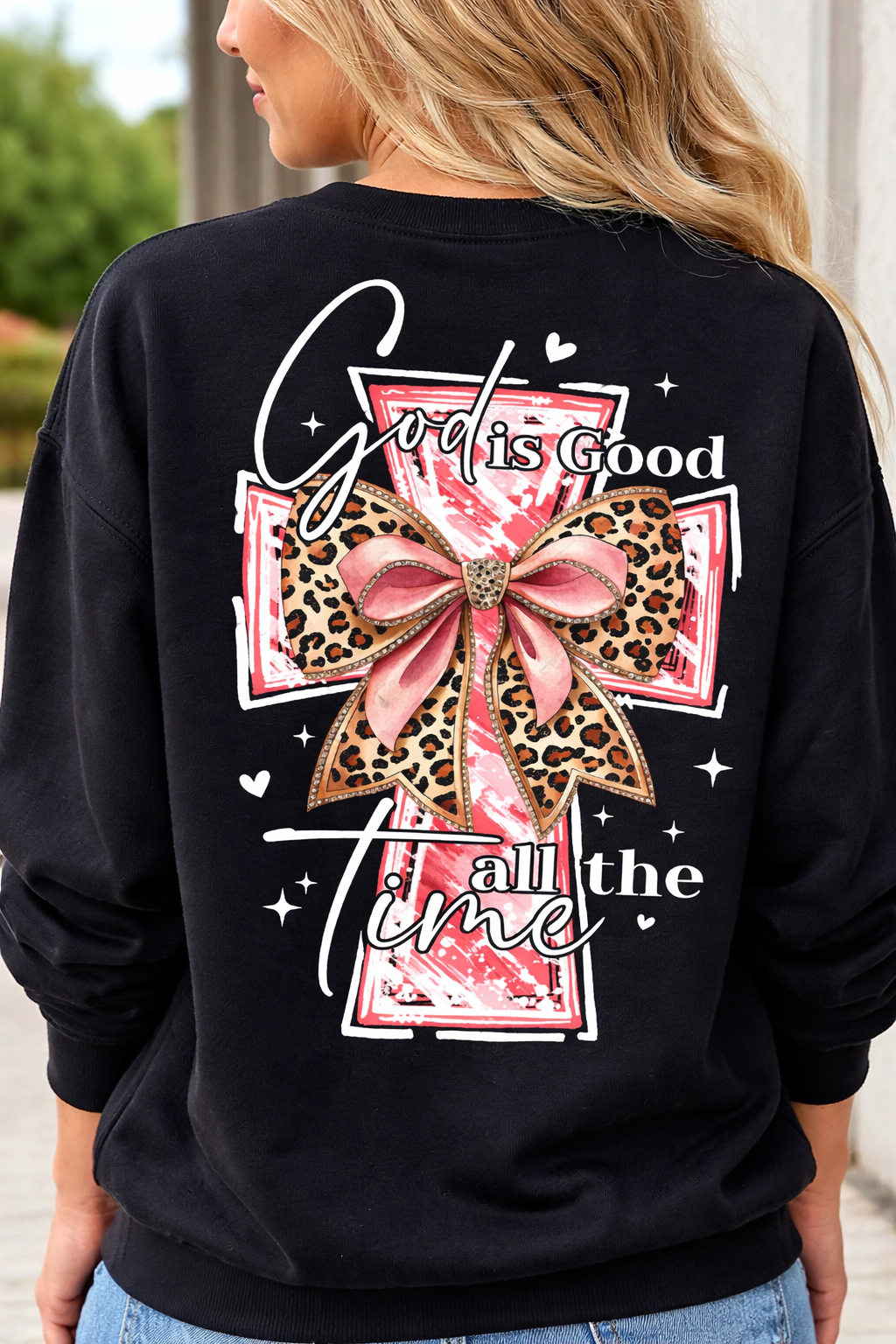 God Is Good All The Time Leopard Bow Black Crewneck Sweatshirt