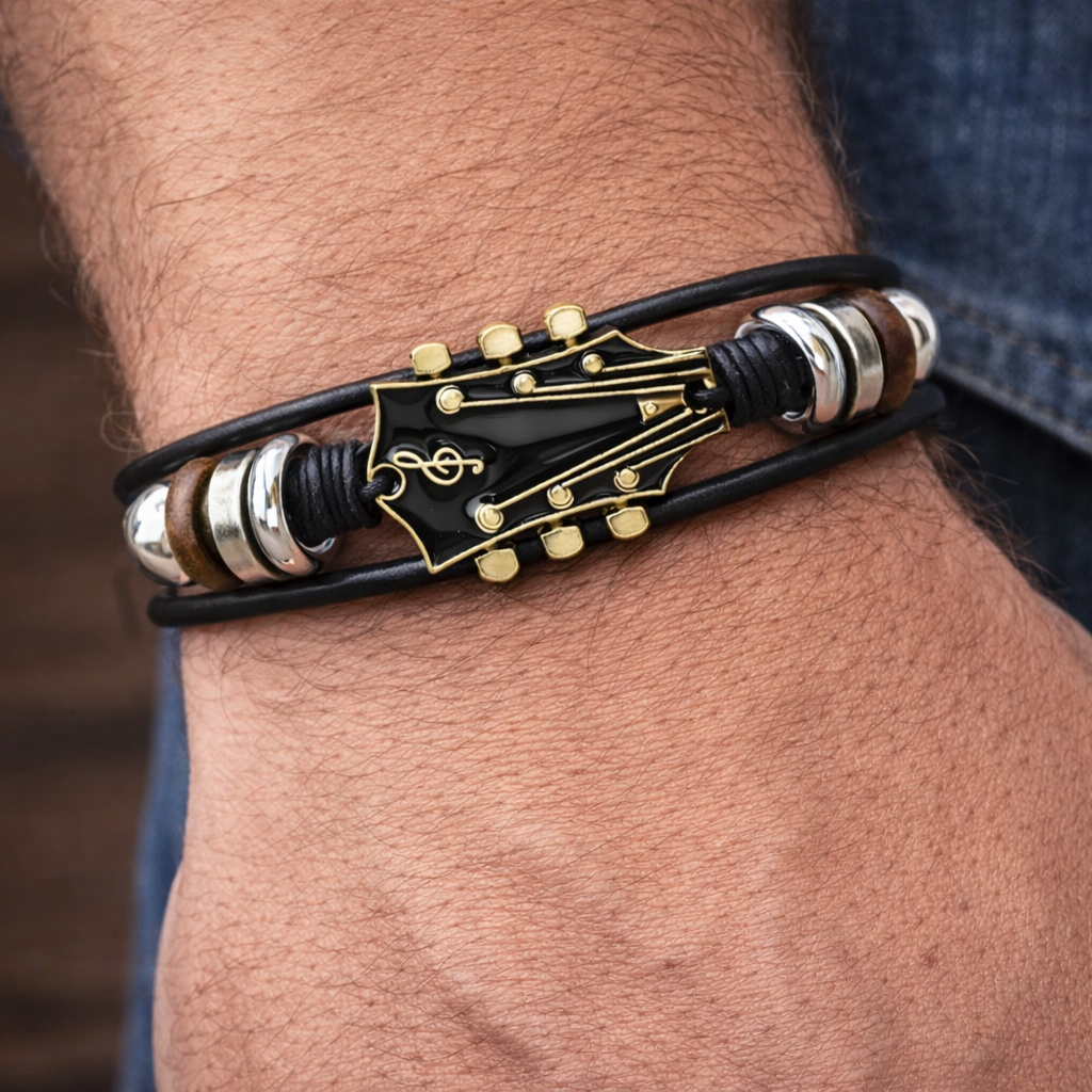 Guitar Headstock Leather Bracelet for Men,  Music Lover Jewelry, Adjustable Magnetic Clasp