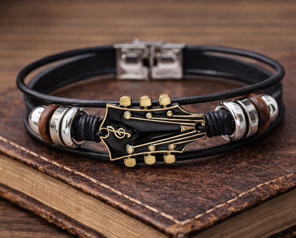 Guitar Headstock Leather Bracelet for Men,  Music Lover Jewelry, Adjustable Magnetic Clasp