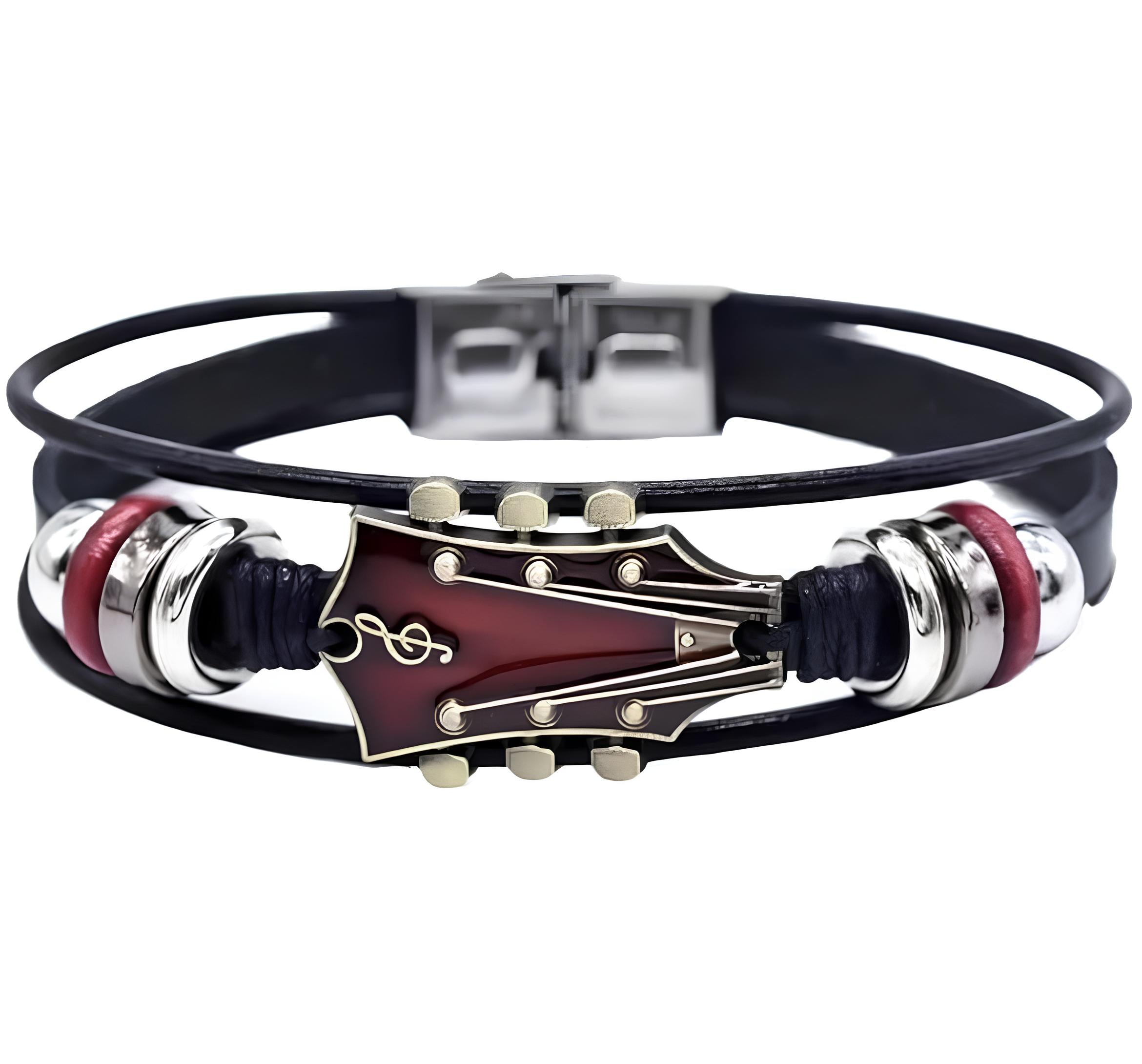 Guitar Headstock Leather Bracelet for Men,  Music Lover Jewelry, Adjustable Magnetic Clasp