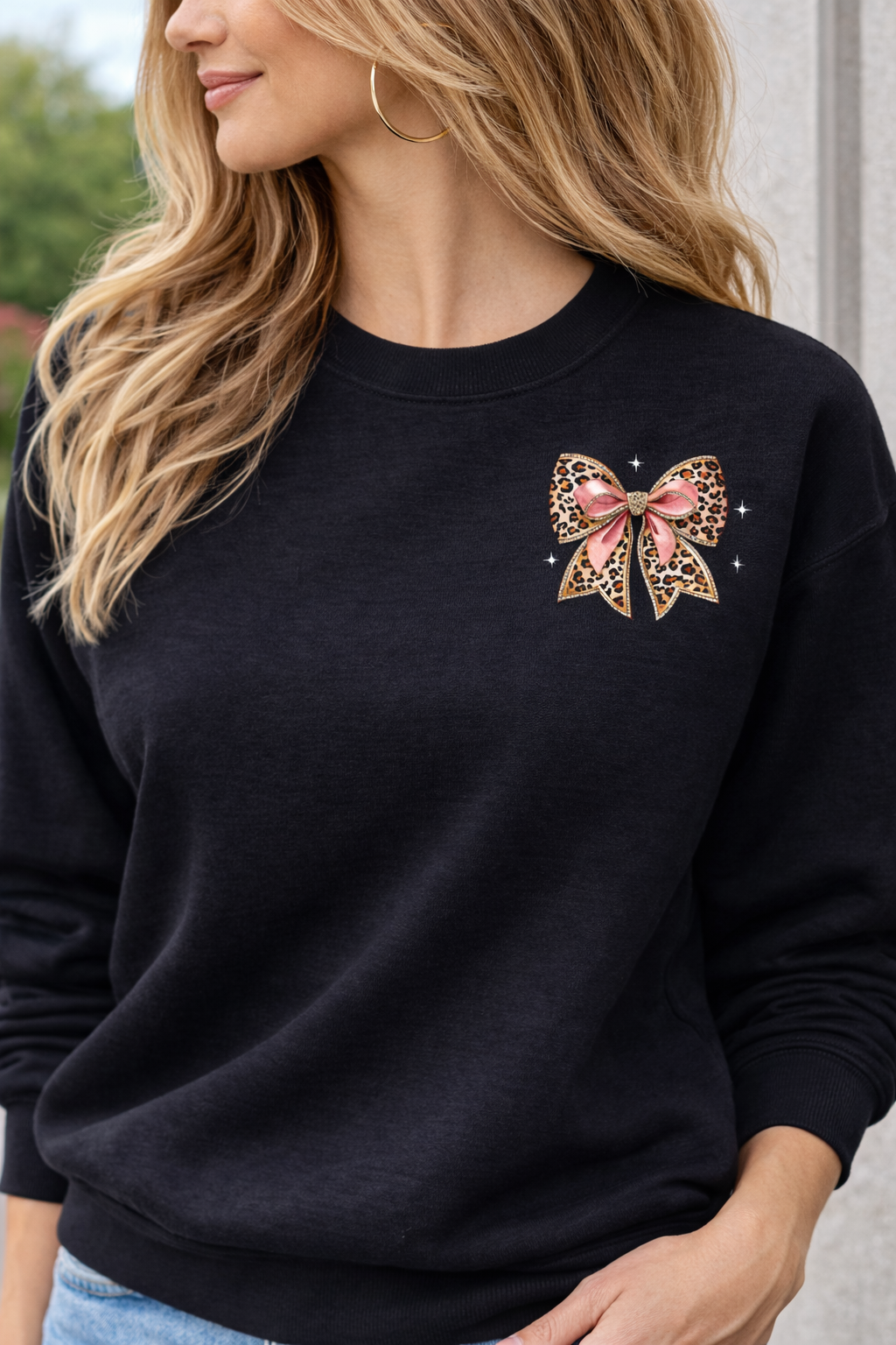 God Is Good All The Time Leopard Bow Black Crewneck Sweatshirt