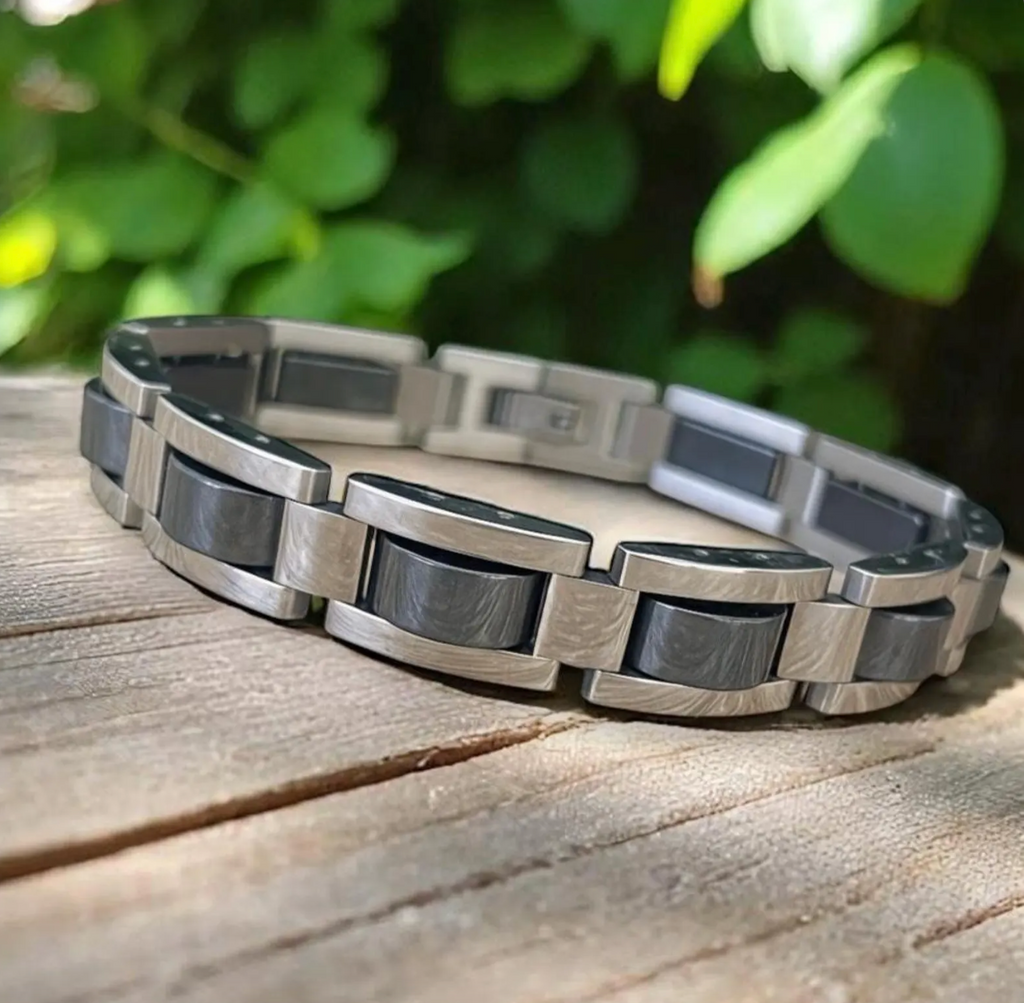 Men’s Hematite & Black Titanium Stainless Steel Bracelet, Magnetic Link Bracelet for Men,  Modern Minimalist Jewelry