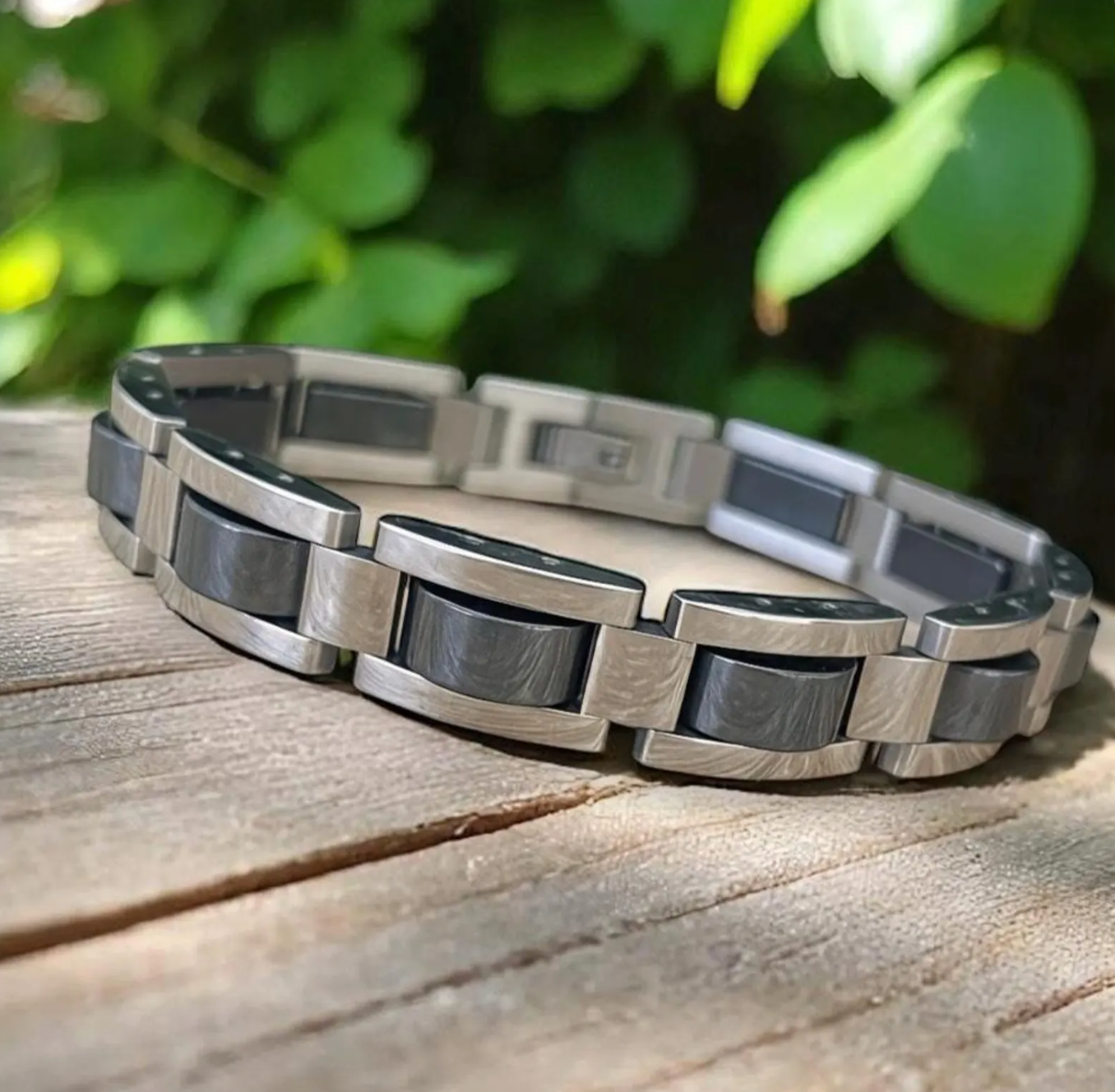 Men’s Hematite & Black Titanium Stainless Steel Bracelet, Magnetic Link Bracelet for Men,  Modern Minimalist Jewelry