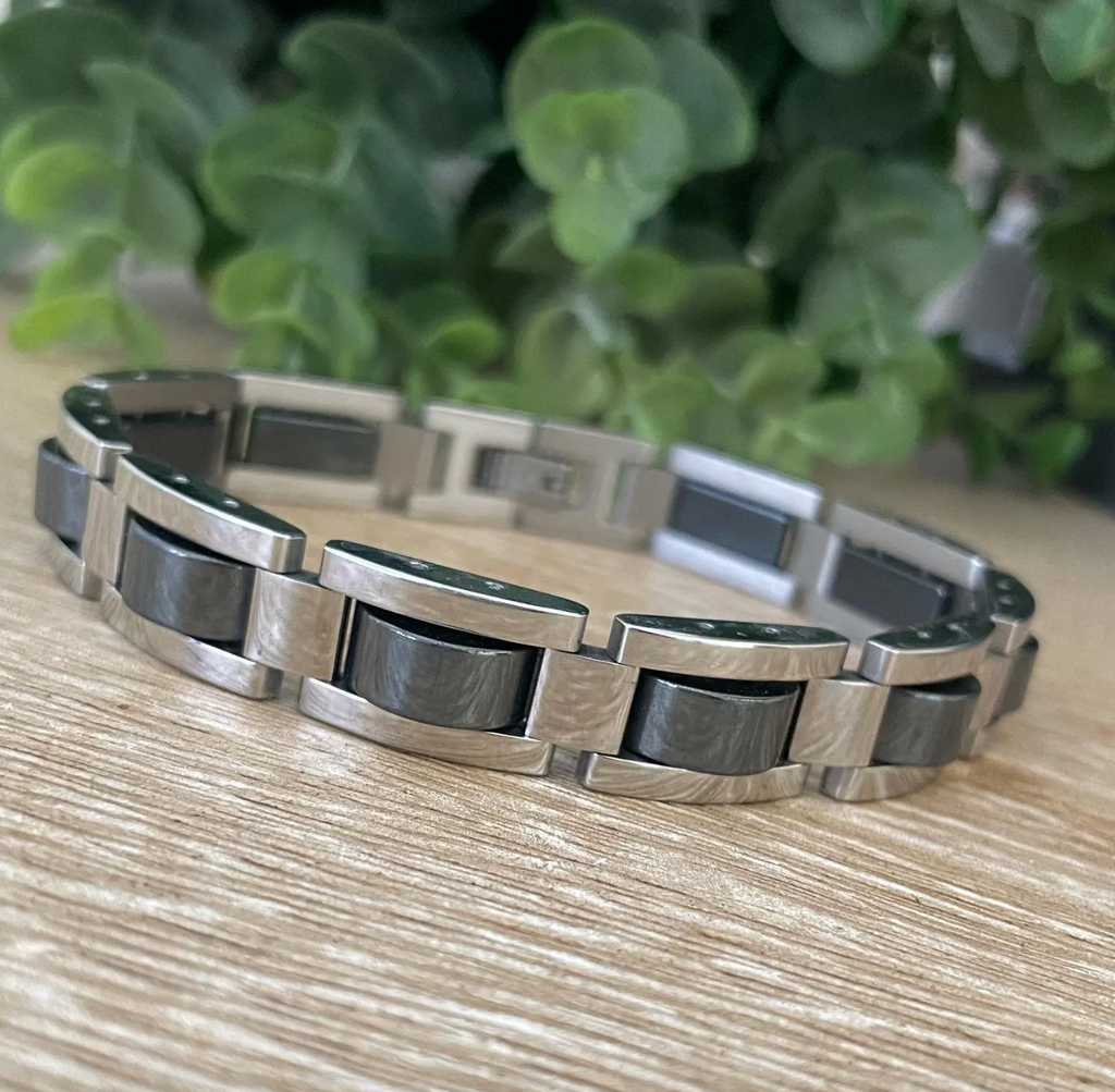 Men’s Hematite & Black Titanium Stainless Steel Bracelet, Magnetic Link Bracelet for Men,  Modern Minimalist Jewelry