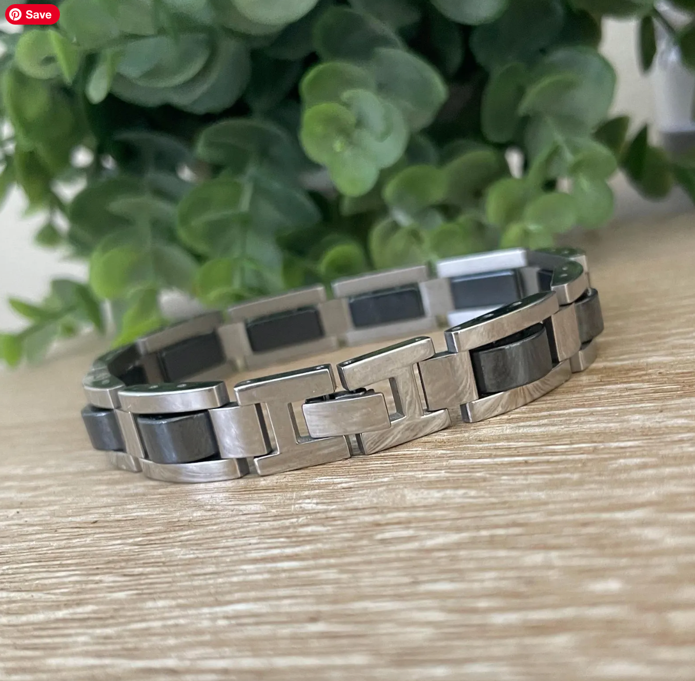 Men’s Hematite & Black Titanium Stainless Steel Bracelet, Magnetic Link Bracelet for Men,  Modern Minimalist Jewelry
