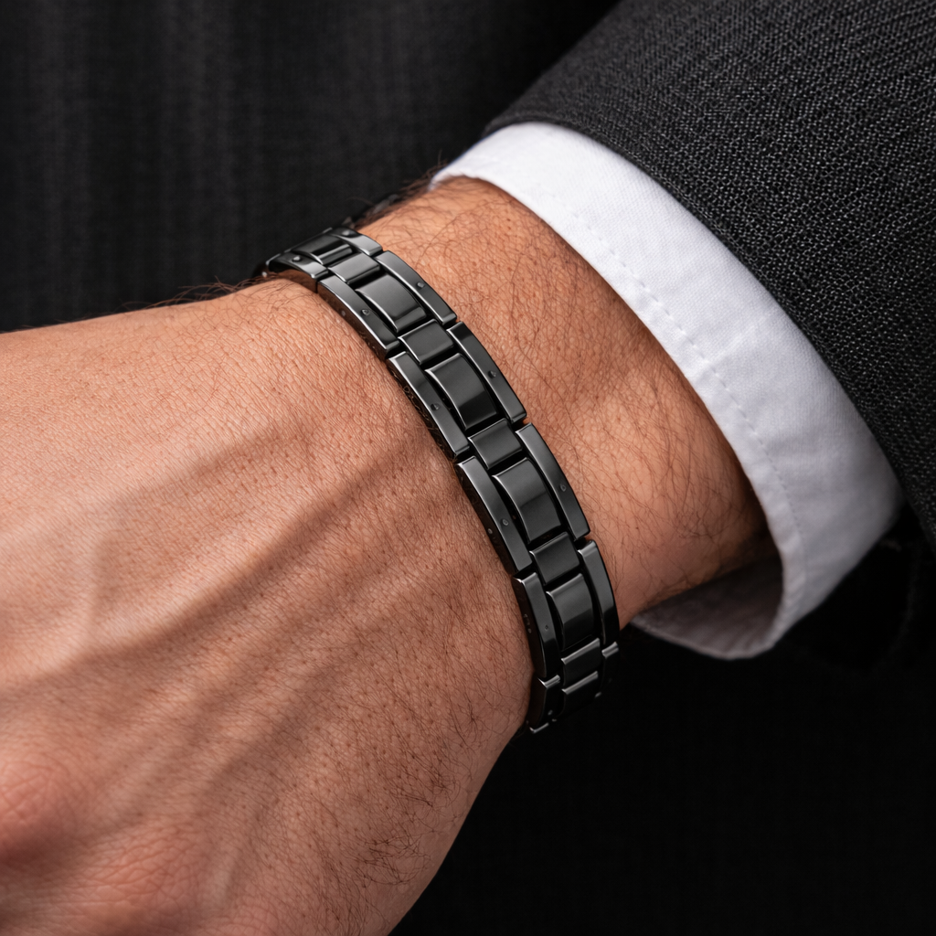 Men’s Hematite & Black Titanium Stainless Steel Bracelet, Magnetic Link Bracelet for Men,  Modern Minimalist Jewelry