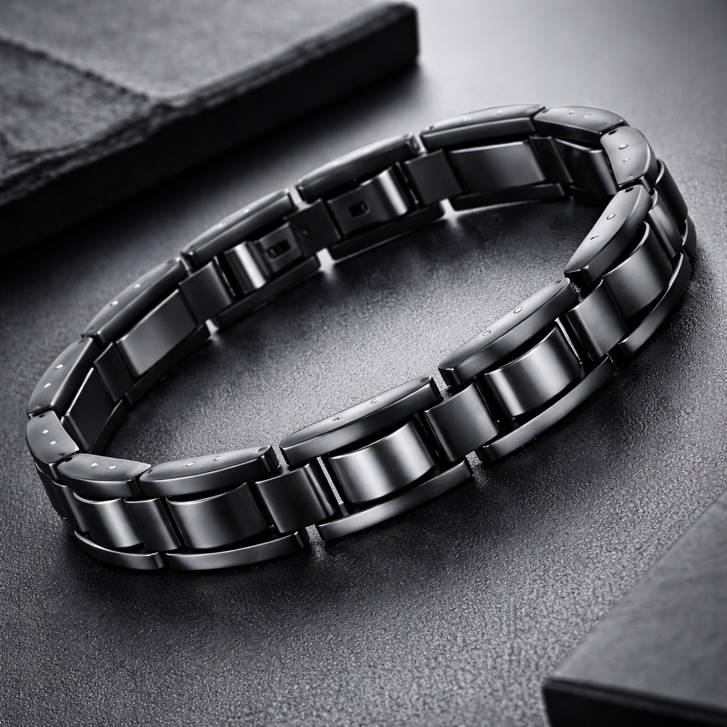 Men’s Hematite & Black Titanium Stainless Steel Bracelet, Magnetic Link Bracelet for Men,  Modern Minimalist Jewelry