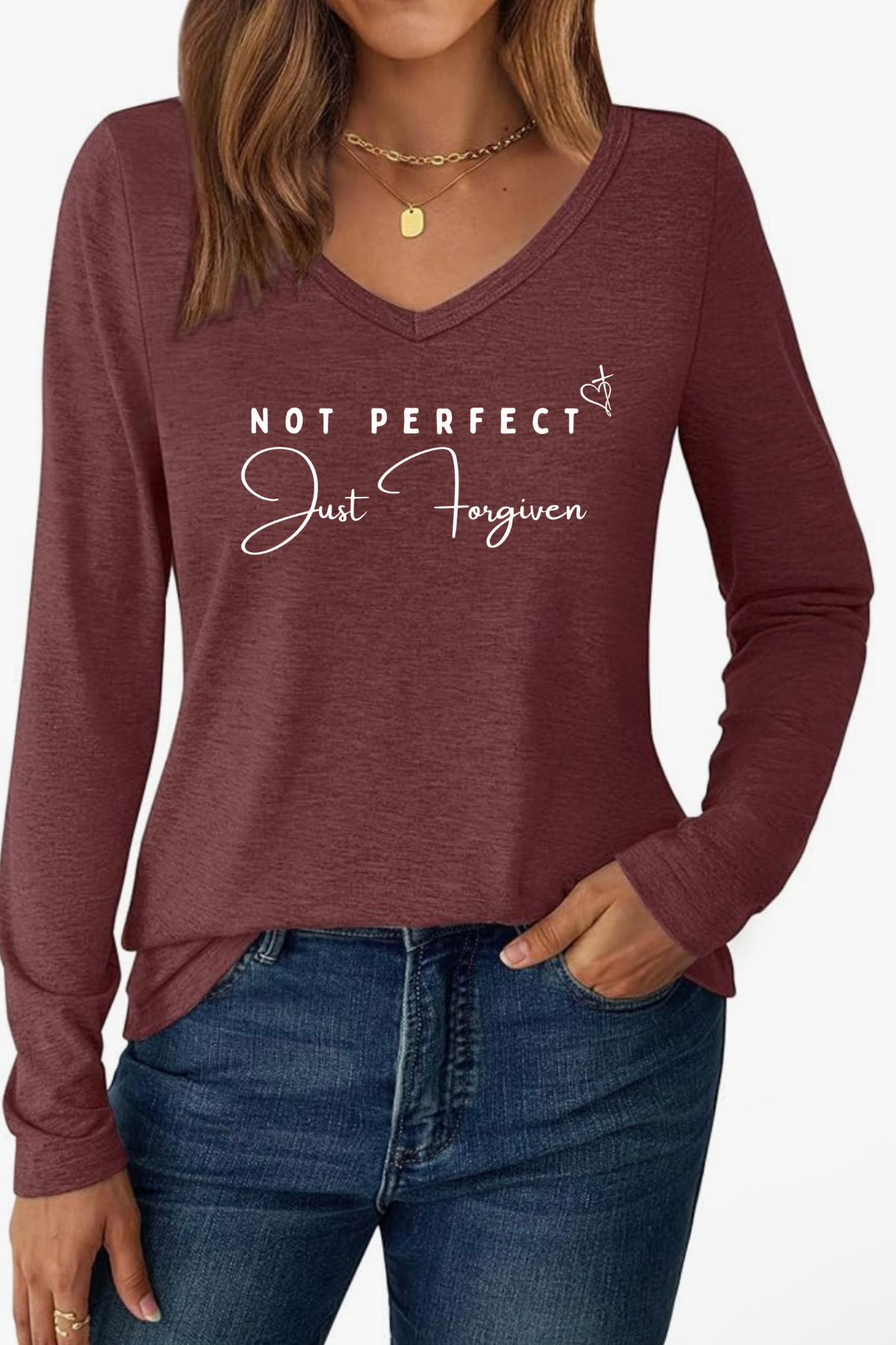 Not Perfect, Just Forgiven – Inspirational V-Neck Long Sleeve Tee”
