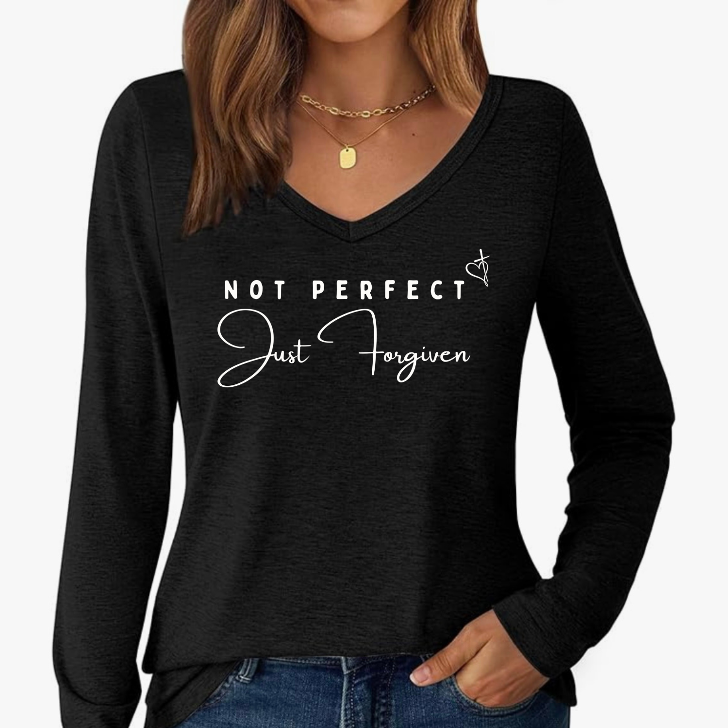 Not Perfect, Just Forgiven – Inspirational V-Neck Long Sleeve Tee”