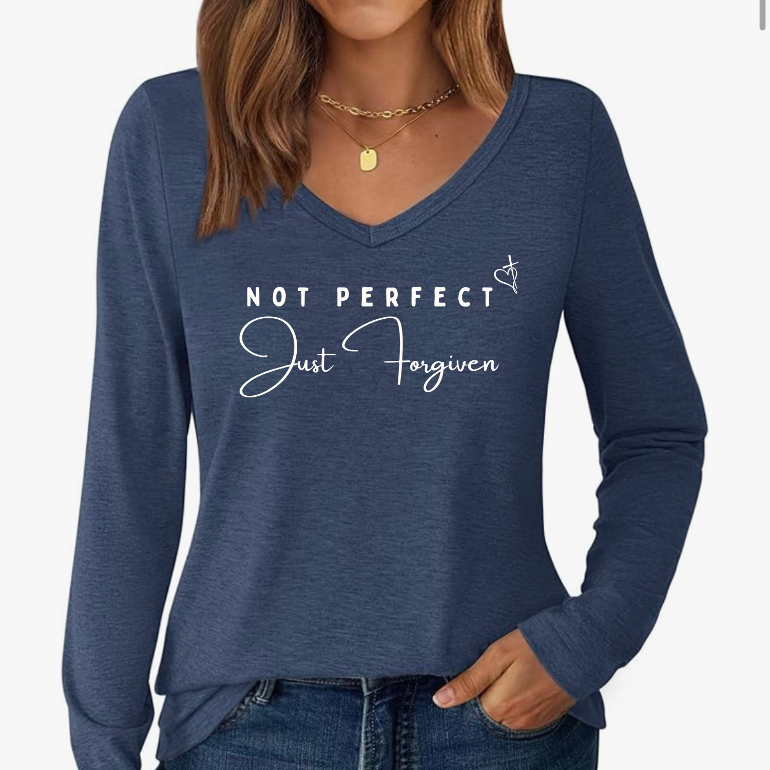 Not Perfect, Just Forgiven – Inspirational V-Neck Long Sleeve Tee”