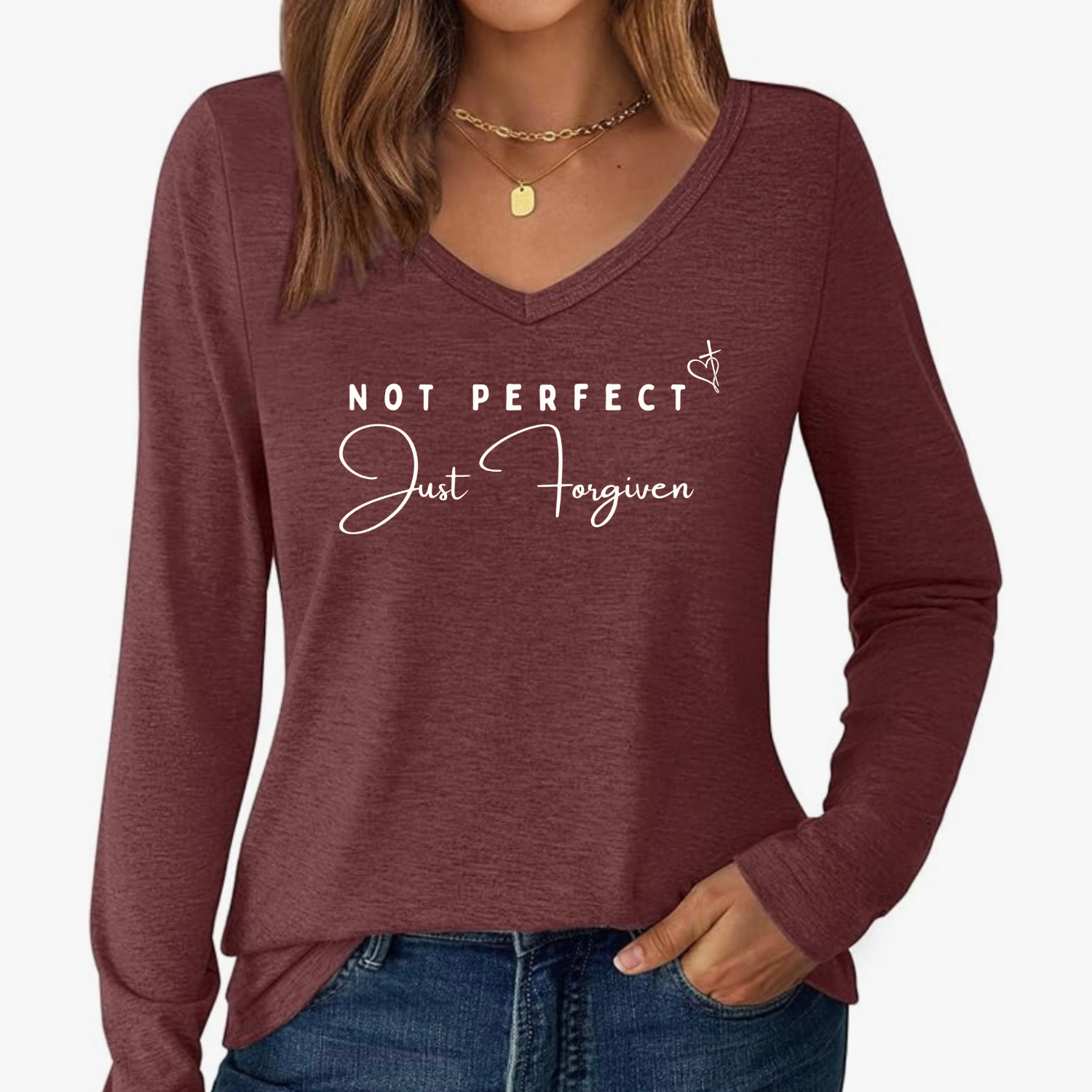 Not Perfect, Just Forgiven – Inspirational V-Neck Long Sleeve Tee”