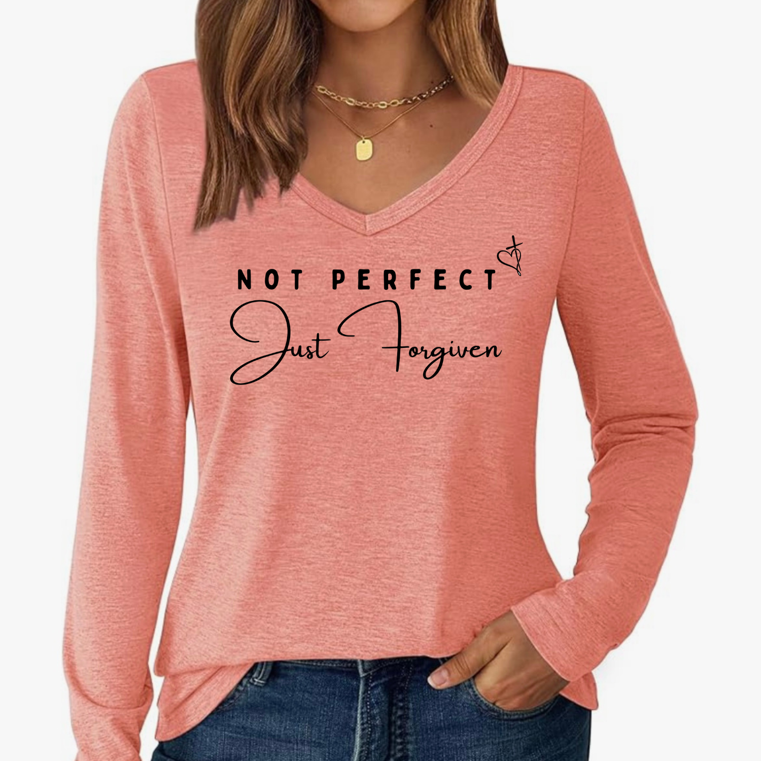 Not Perfect, Just Forgiven – Inspirational V-Neck Long Sleeve Tee”