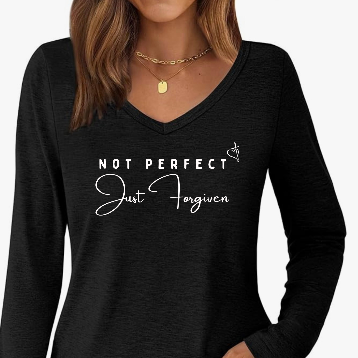 Not Perfect, Just Forgiven – Inspirational V-Neck Long Sleeve Tee”