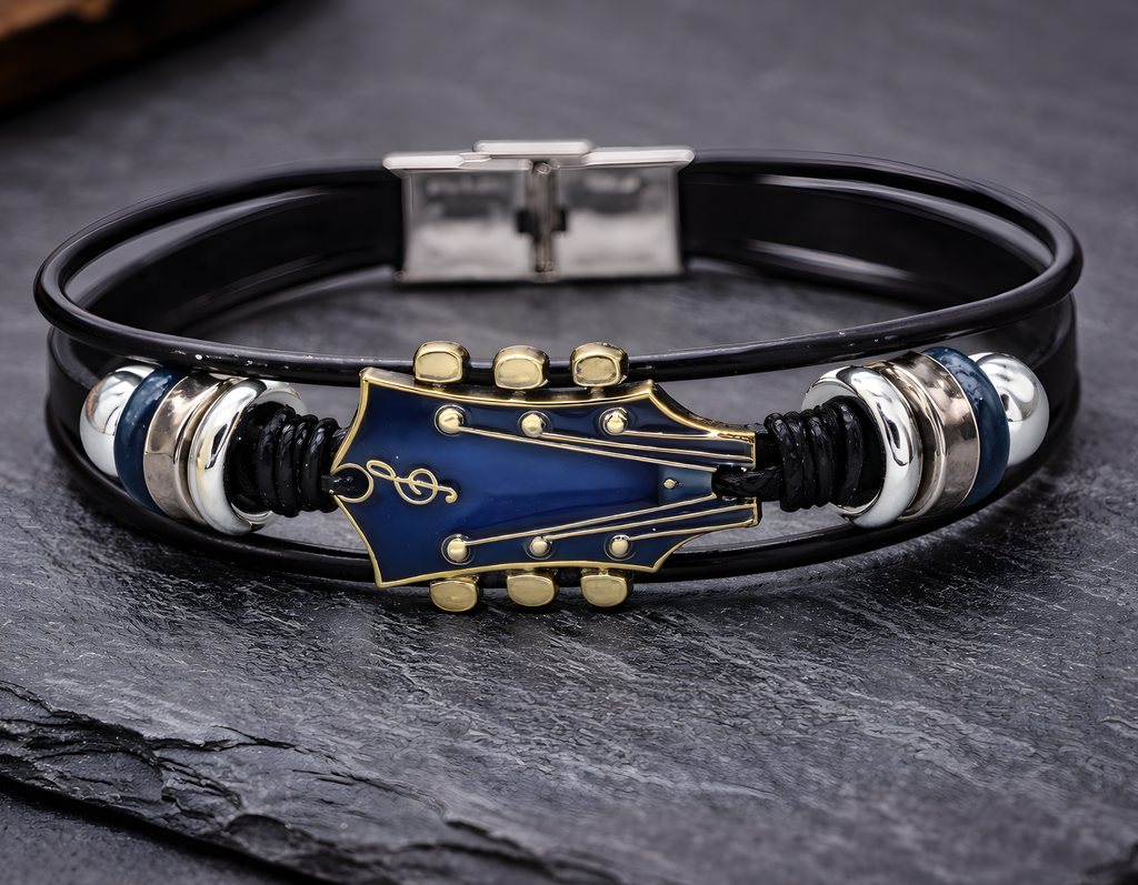 Guitar Headstock Leather Bracelet for Men,  Music Lover Jewelry, Adjustable Magnetic Clasp