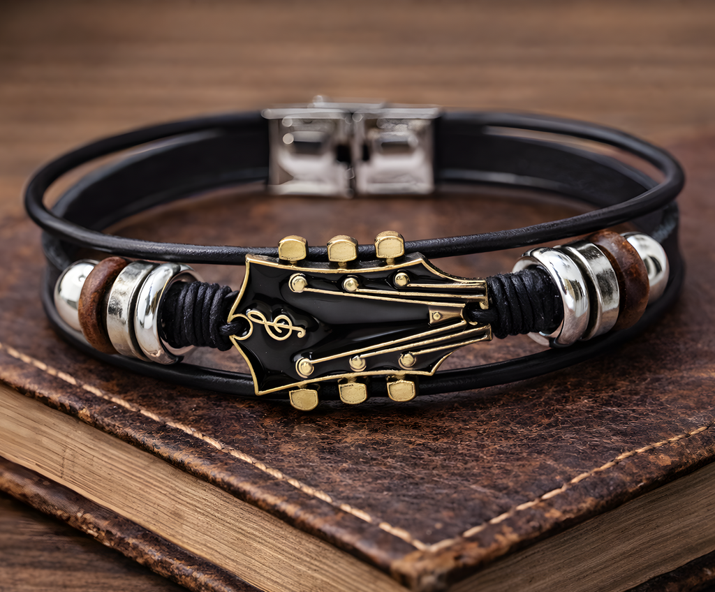 Guitar Headstock Leather Bracelet for Men,  Music Lover Jewelry, Adjustable Magnetic Clasp
