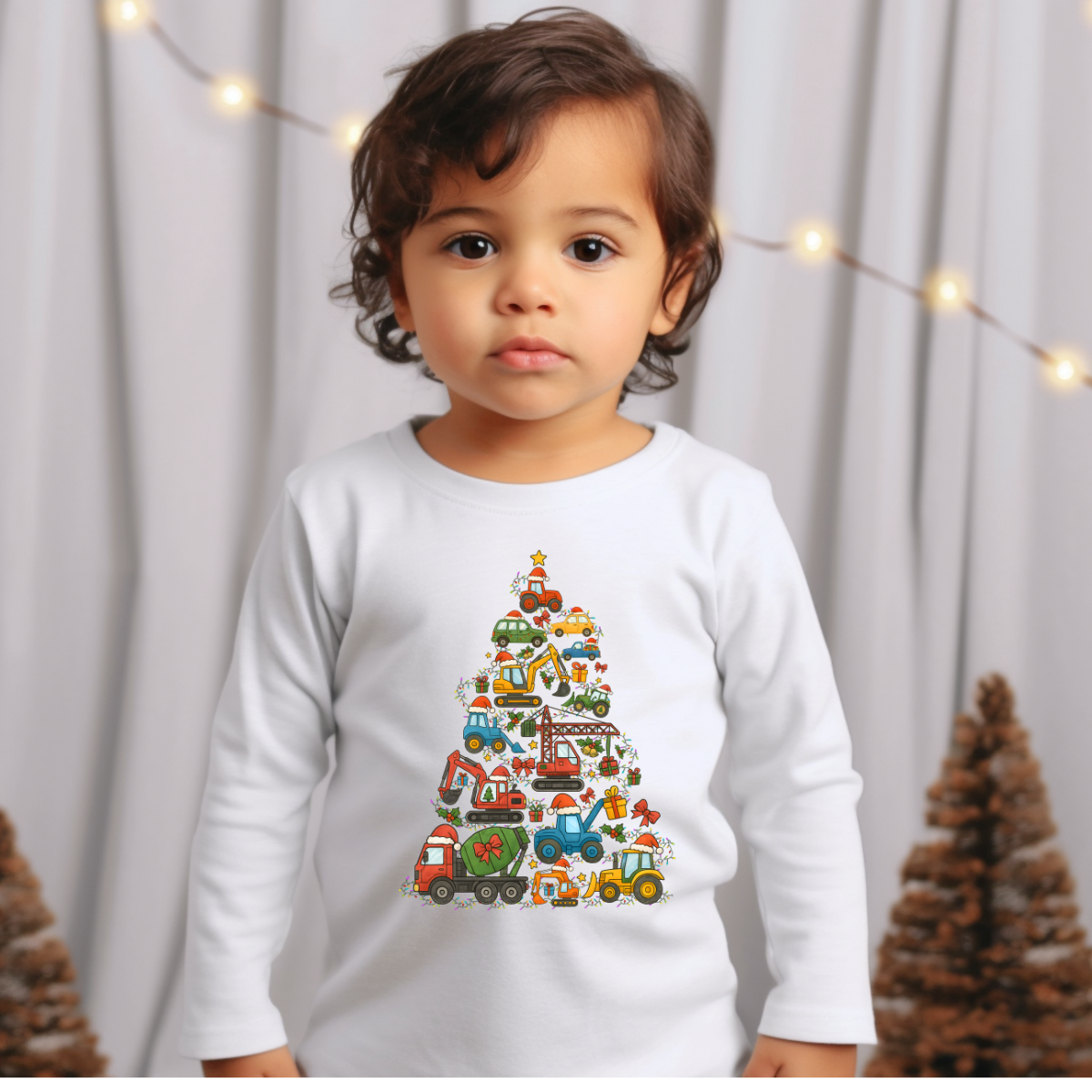 Kids Christmas Construction Vehicle Sweatshirt – Holiday Truck & Digger Tree Design